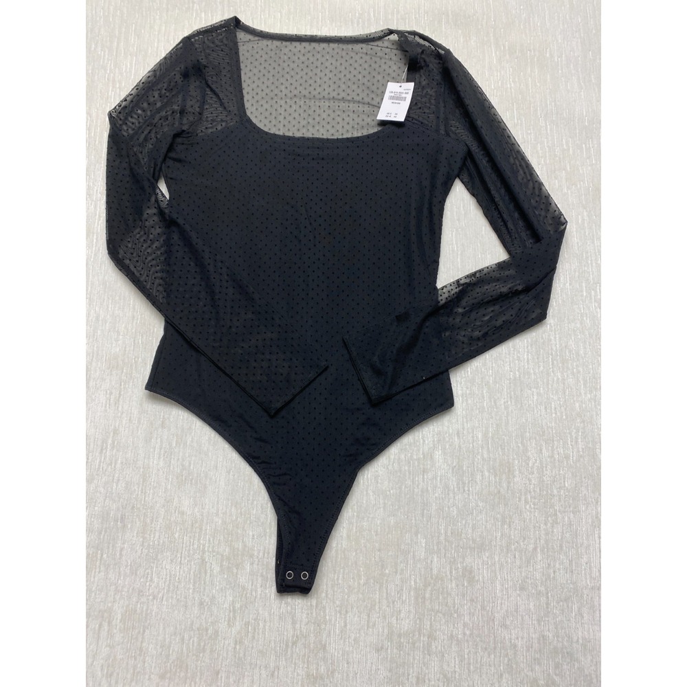 Abercrombie & Fitch Mesh Bodysuit Medium Black Polka Dot Square Neck Long Sleeve